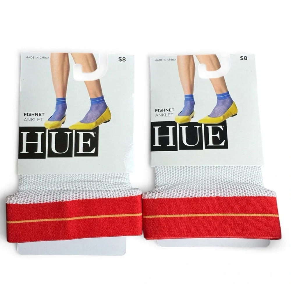Hue Womens Fishnet Anklet Socks‎ One Size White Red 2 Pairs